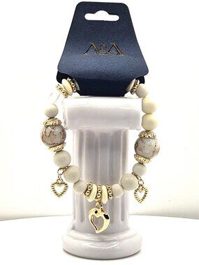 Gold Heart Charm Bracelet, Ivory Beaded Statement Bracelet, Neutral Luxe Jewelry